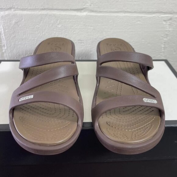CROCS Patricia Brown Sandals Mini Wedge Slip On Strappy Women's Size 10 US - Picture 1 of 9
